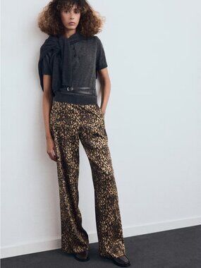 MANGO Women's Leopard-Print Satin Pants Size 4 (EUR 36) NEW with TAGS